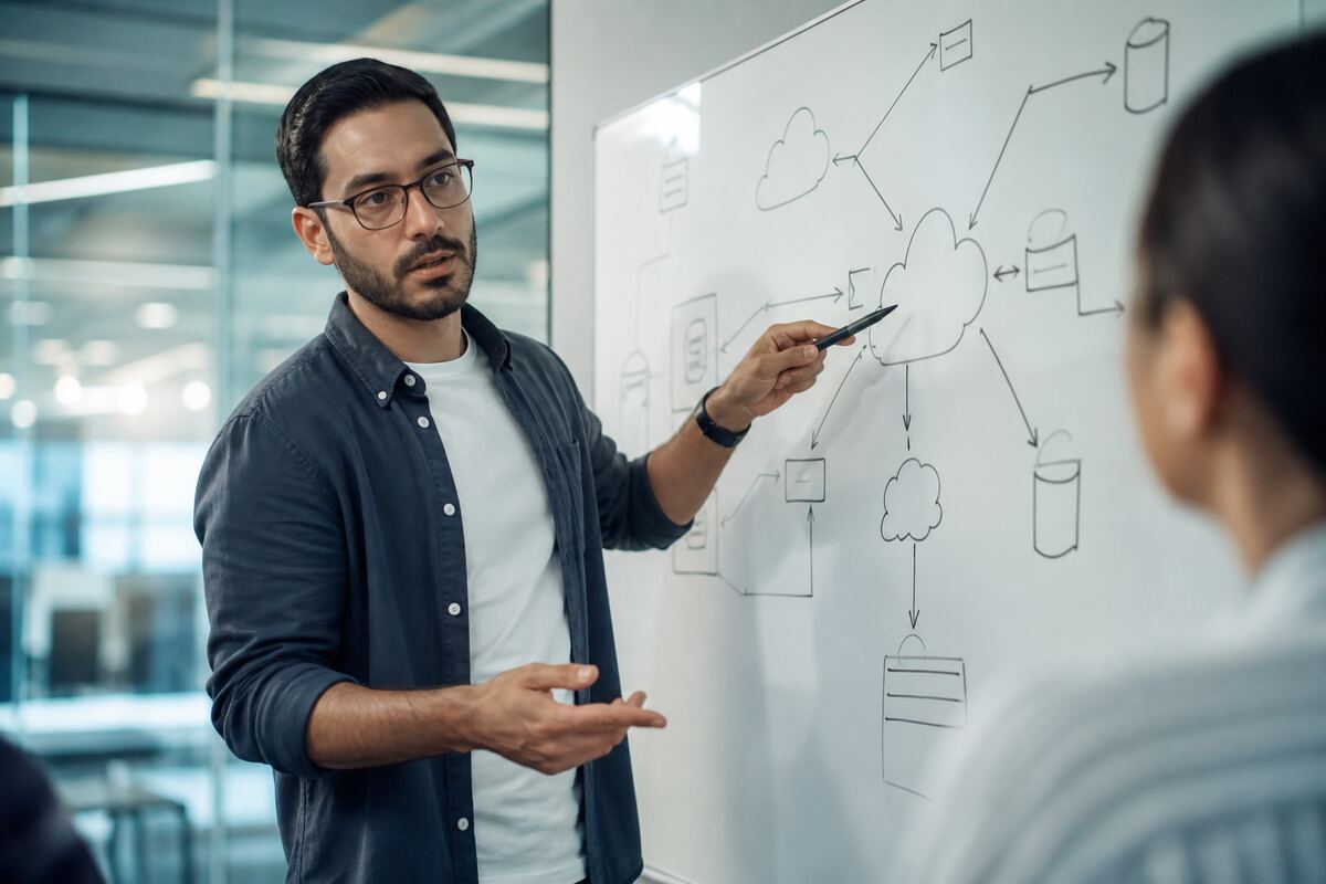 Engineer mapping a paved-road architecture on a whiteboard