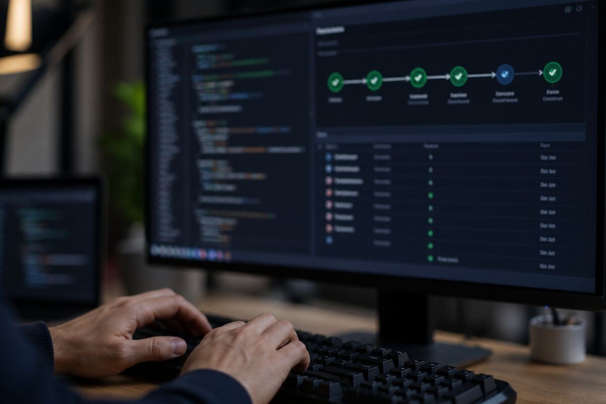 Developer working on CI/CD automation at a workstation