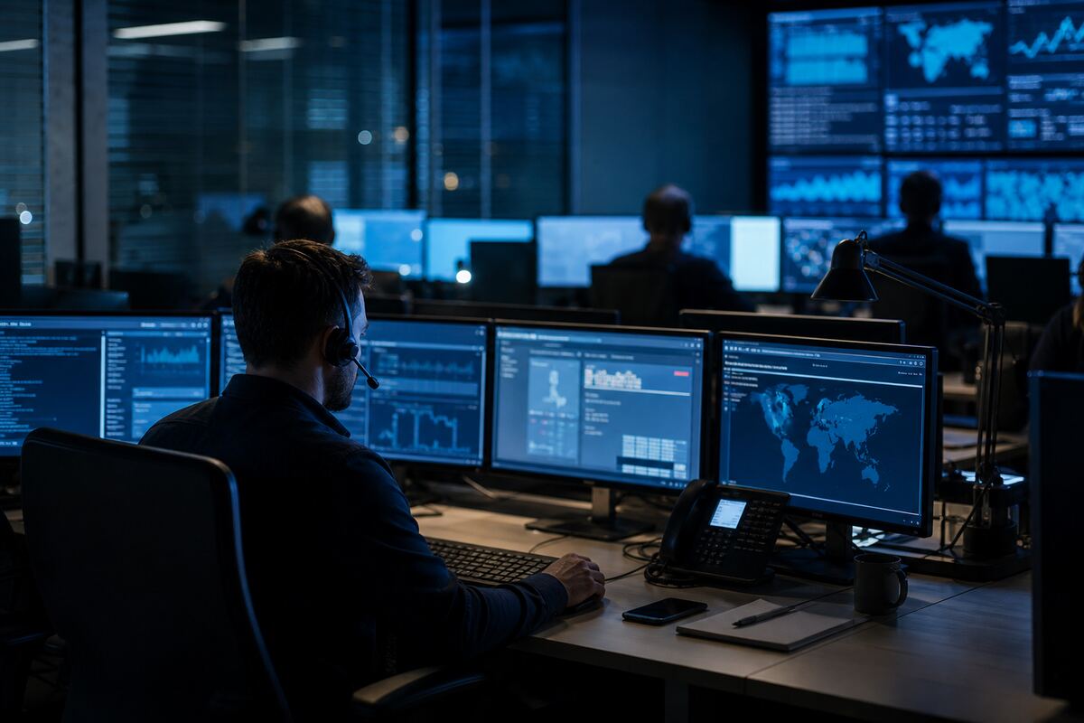 NOC operations desk with live monitoring screens