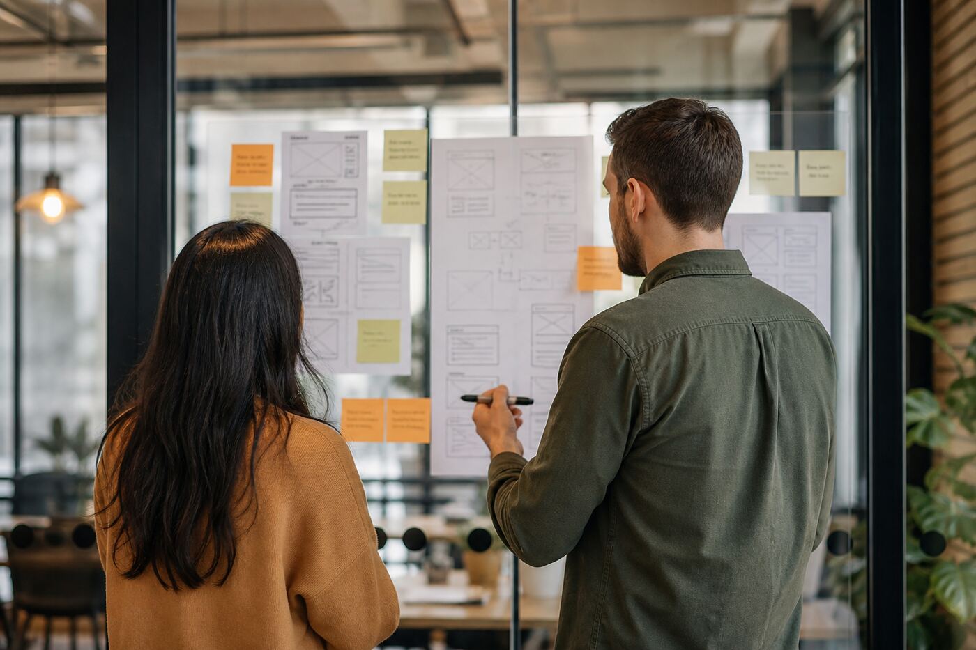 Product team collaborating at a whiteboard