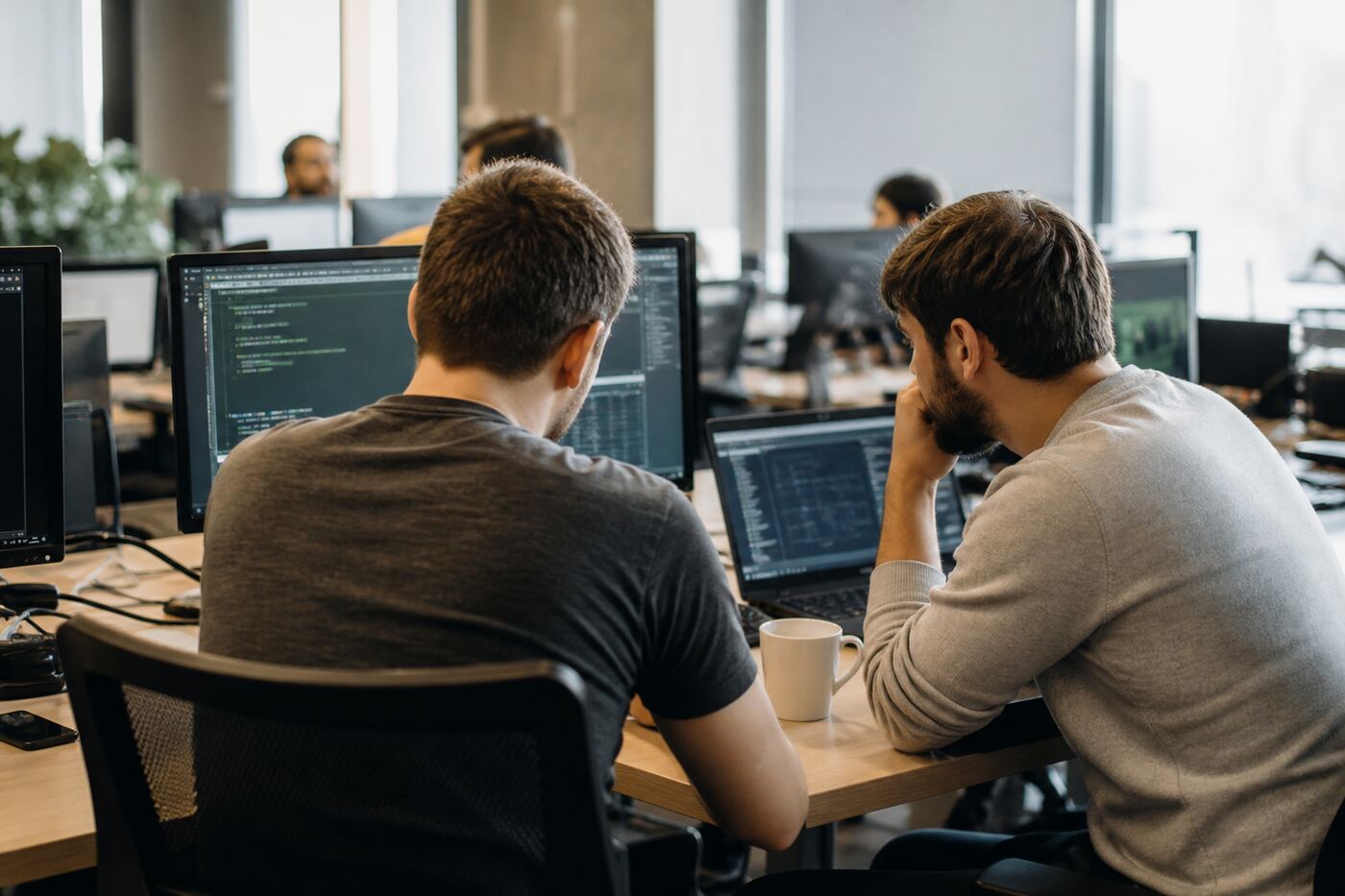 Engineers collaborating at a shared desk