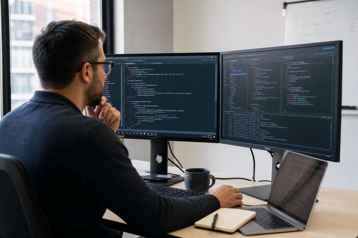 Engineer reviewing infrastructure-as-code on dual monitors